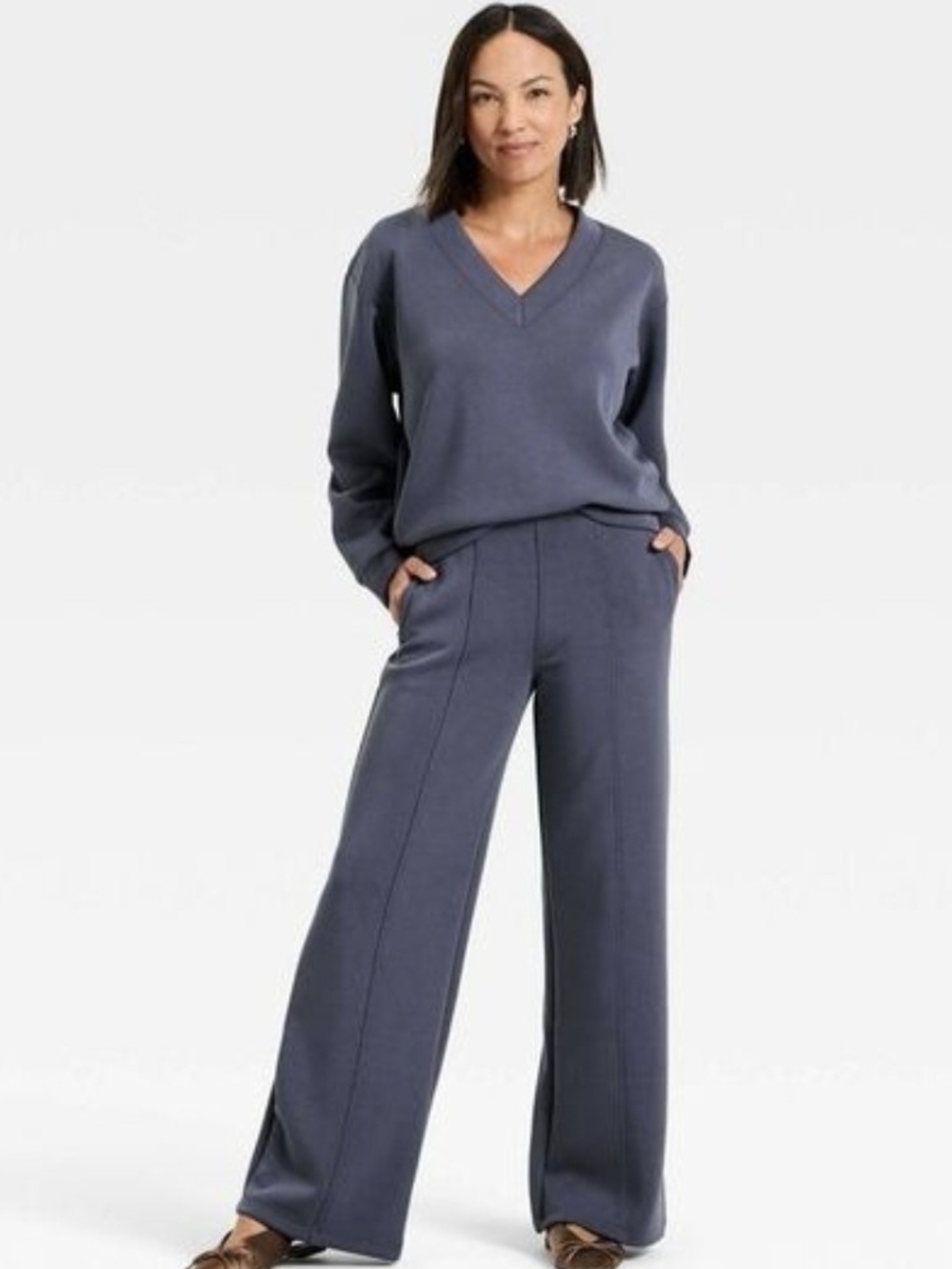 a new day Slate Blue Wide-Leg V-Neck Knit Matching Set